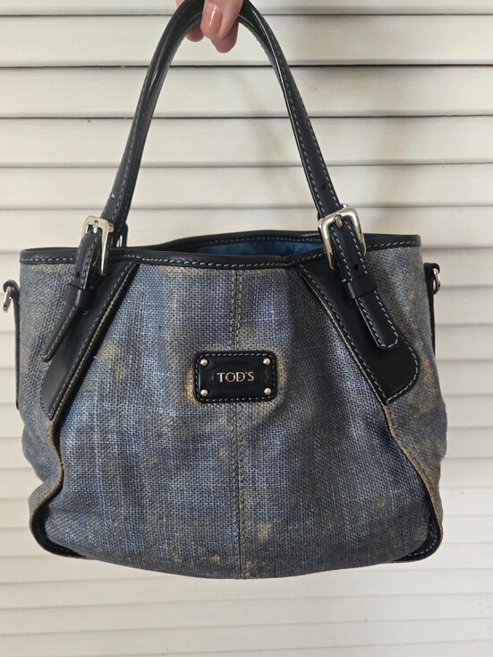 Tod's Handbags - TOD'S Blue Coated Canvas Leather Trim Satchel Tote Handbag